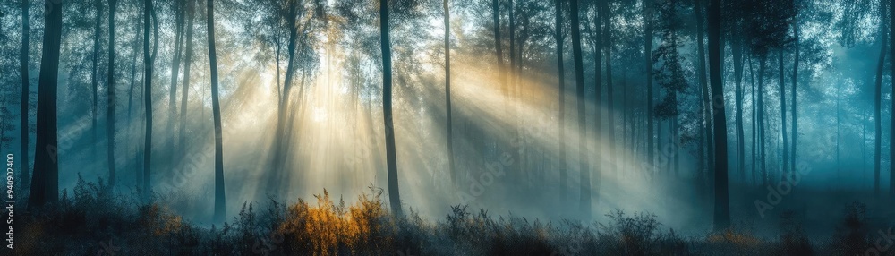 Poster A serene forest scene with ethereal light rays breaking through the trees, creating a tranquil atmosphere in nature.
