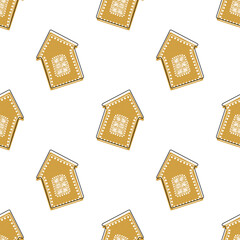 Cute square Christmas pattern with gingerbread houses. Seamless vector pattern with Christmas houses isolated on changeable white background. Christmas element pattern for print, wrapping paper.