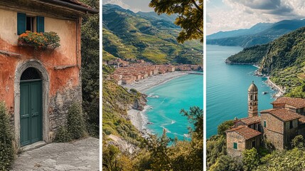 A collage of three photos showcasing Italy diverse landscapes: a tranquil seaside, rolling hills, and a charming village.