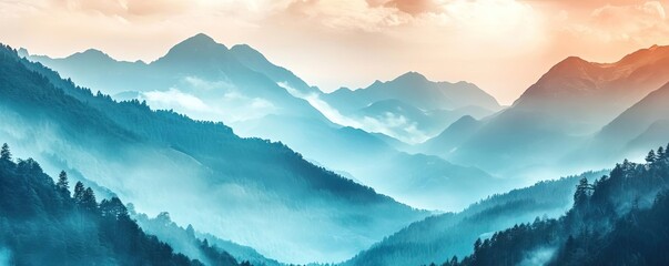 Breathtaking landscape of misty mountains at sunrise, bathed in soft hues of blue and orange, creating a serene and tranquil atmosphere.