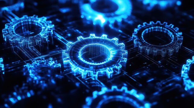 Futuristic glowing blue gears and cogs interconnected digitally, symbolizing technology, innovation, machinery, and digital advancement.