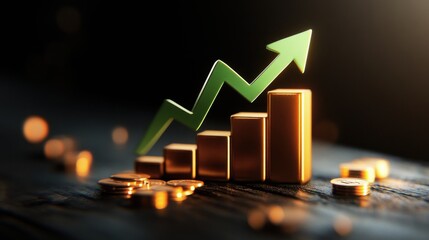Golden bar graph with green upward arrow symbolizing financial growth and success against a dark background.