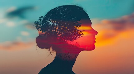 A mesmerizing double exposure of a woman's silhouette merged with a vibrant sunset and lush tree, symbolizing harmony and nature.