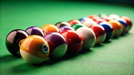 Pool balls set up on a green felt table, billiards, cue sports, game, fun, leisure, sports, colorful, round, numbered