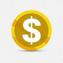 Obraz premium Dollar Gold Coin Isolated On Transparent Background. Finance And Business. Wallpaper. Vector Illustration