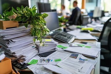 A busy office desk cluttered with stacks of papers, documents, and notes, surrounded by green plants, creating a vibrant and chaotic workspace environment.