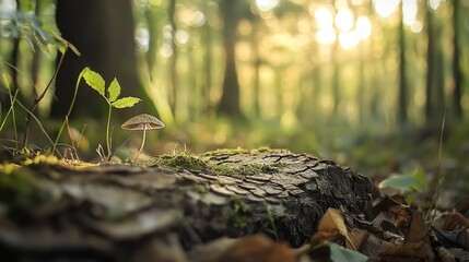 Obraz premium A tiny mushroom atop a tree stump, amidst a forest with sunbeams filtering through its foliage