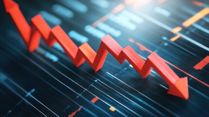 Red arrow graph indicating a decline in financial markets, overlaid on a screen with stock and financial data.