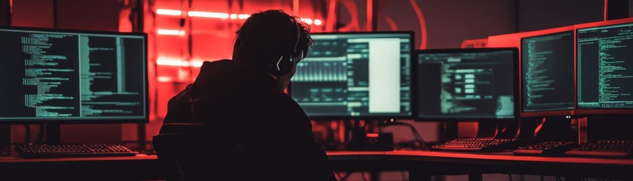 Cybersecurity Expert in a Dark Room with Multiple Monitors and Red Light