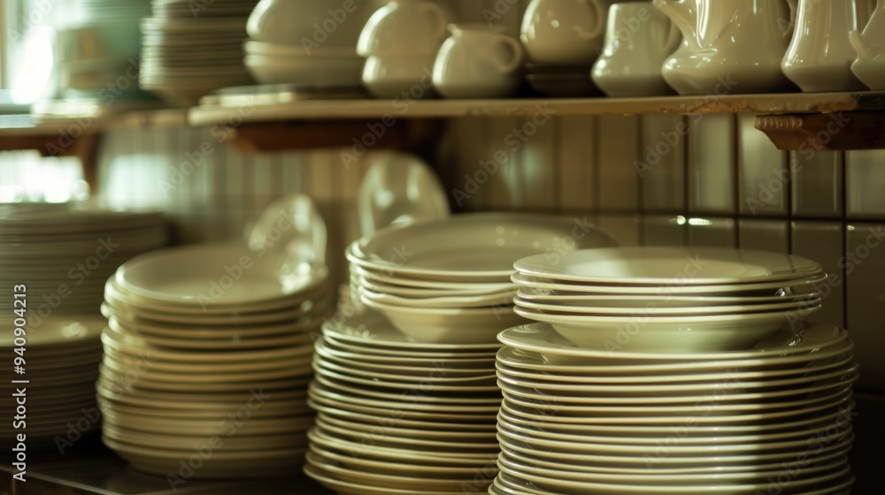 Poster a collection of plates piled high on a shelf