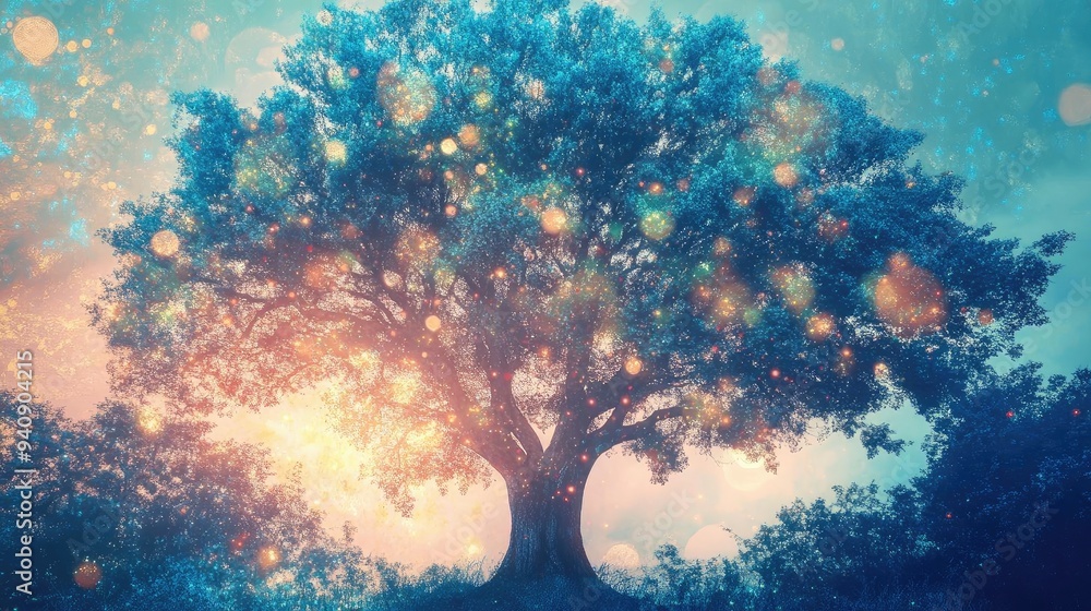 Poster a beautiful, ethereal tree bathed in soft light, surrounded by a dreamy glowing backdrop. perfect fo