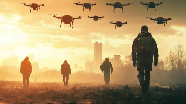 A group of futuristic soldiers walks towards a city at sunset, while a swarm of surveillance drones hovers overhead, capturing a tense and advanced technological atmosphere.