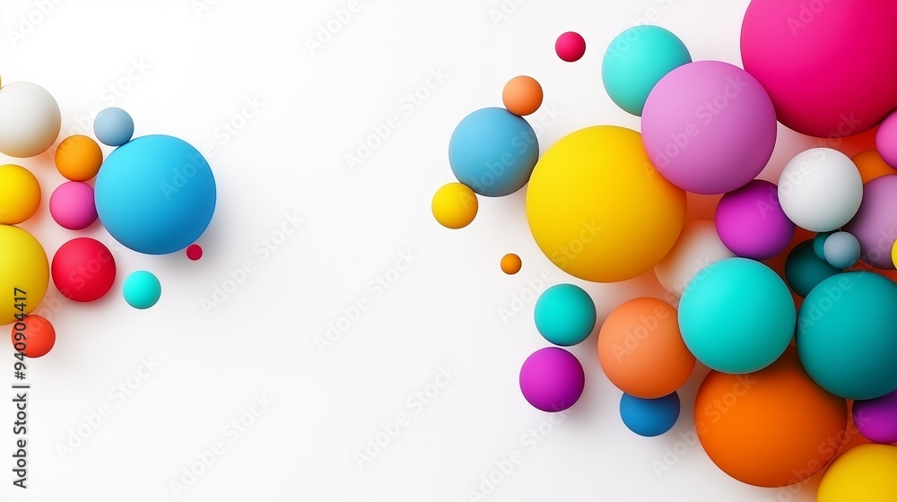 Poster A colorful image of many different colored balls. The balls are scattered all over the image, with some being larger and others smaller. The image has a playful and fun vibe, with the bright colors