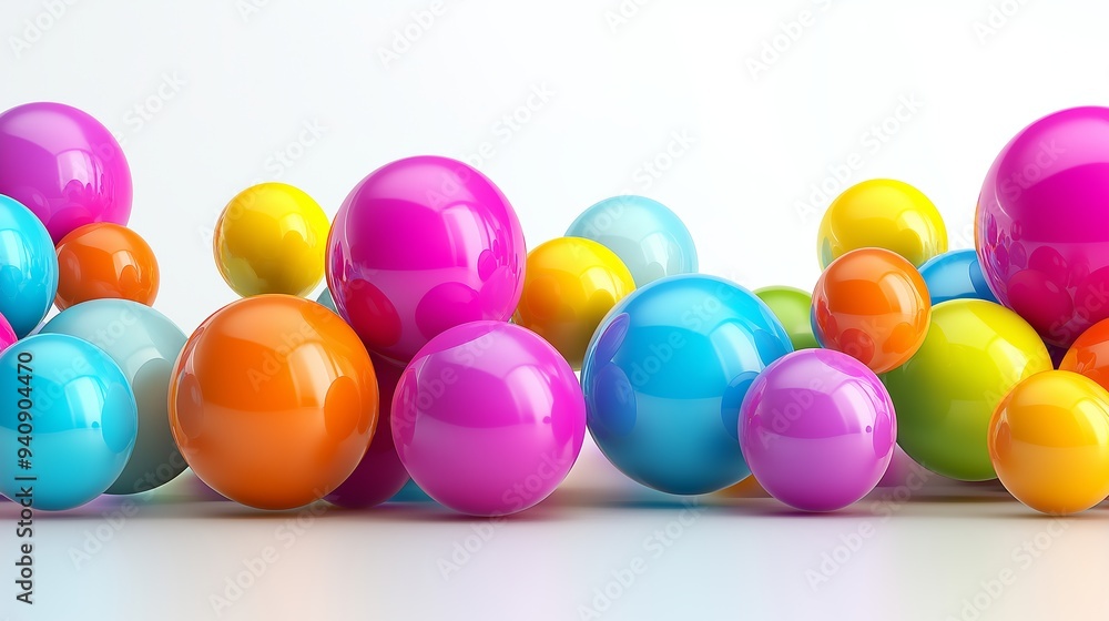 Poster a bunch of colorful balls are arranged in a row. the balls are of different colors and sizes, creati