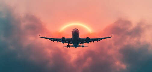 An aircraft flying through a stunning sunset, enveloped in vibrant clouds, capturing the beauty of air travel and nature.