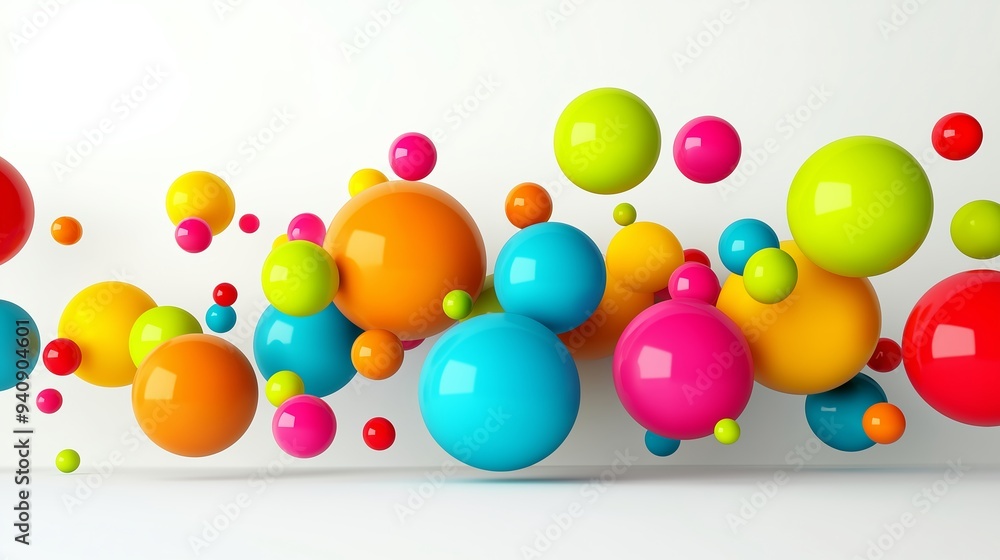 Poster a colorful array of balls in the air. the balls are of different colors and sizes, creating a vibran