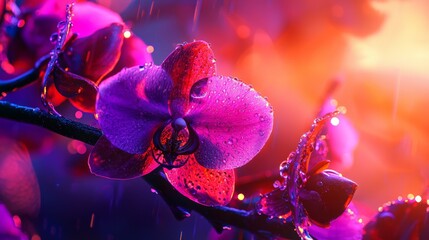 Naklejka na ściany i meble A purple flower, tightly focused, on a branch with dewdrops, background softly blurred