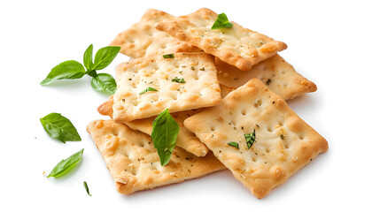 Crispy crackers with cottage cheese and basil on white background