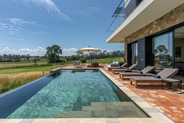 Fototapeta premium Luxury terrace with modern sunbeds overlooking swimming pool and golf course, featuring stone floor, red tiles, and blue sky on a sunny summer day.