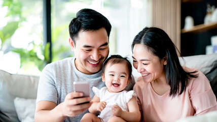 Obraz premium A joyful father playing with daughter while mother takes photo with smartphone at home. Happy Family Concept.