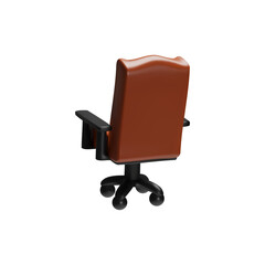 3D illustration depicting a high-back office chair on wheels in brown, viewed from the rear.