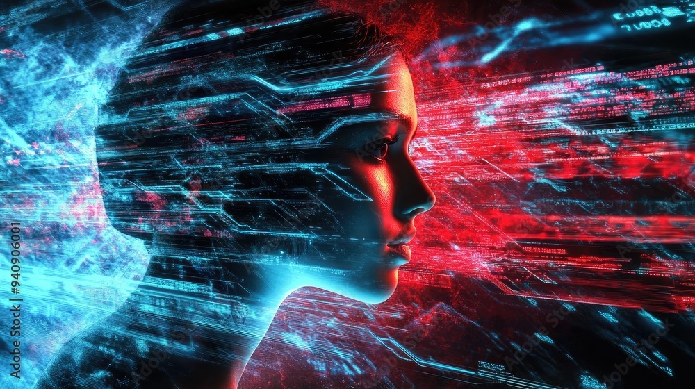 Poster a futuristic profile silhouette surrounded by vibrant blue and red digital data streams, symbolizing