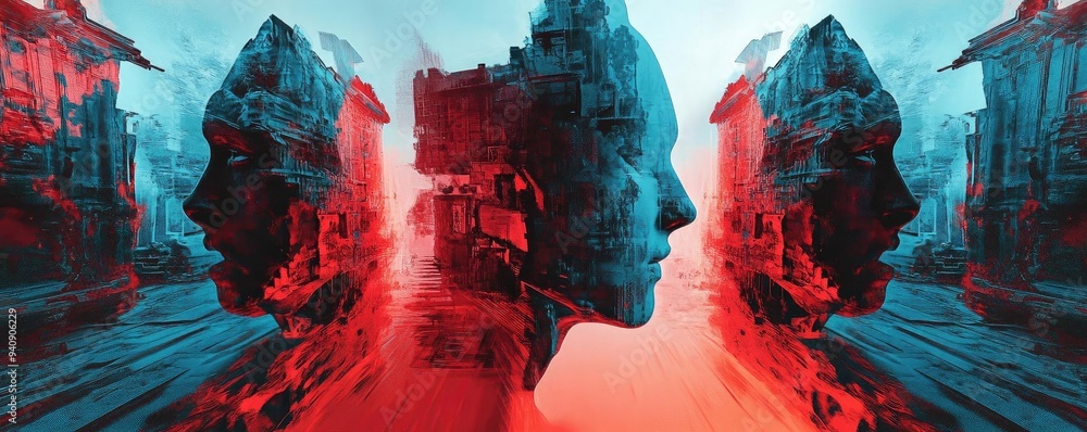 Poster A striking digital artwork featuring three abstract profiles with vibrant colors and a surreal background, evoking introspection.