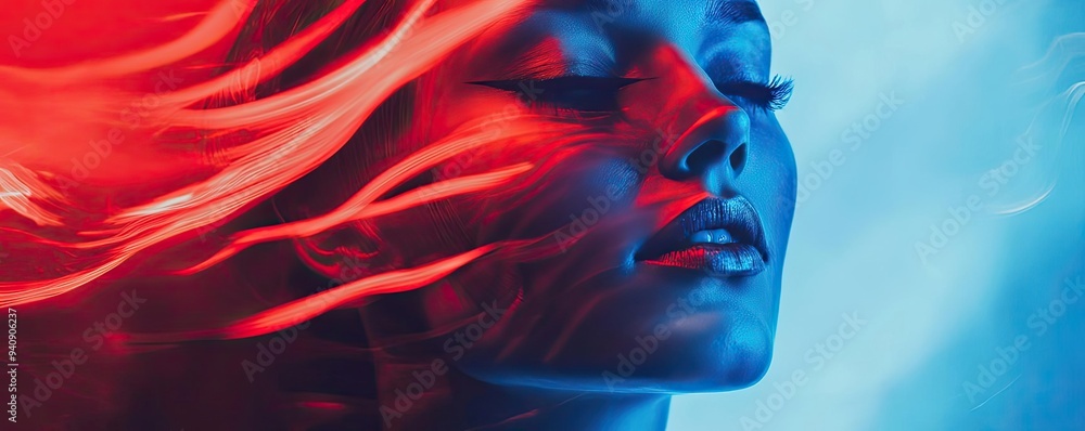 Poster a captivating portrait of a woman with vibrant, flowing colors representing depth and emotion, creat