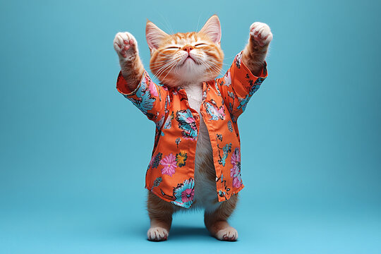 A vibrant illustration of a cat wearing colorful clothes and dancing on a blue background, perfect for celebration and entertainment.