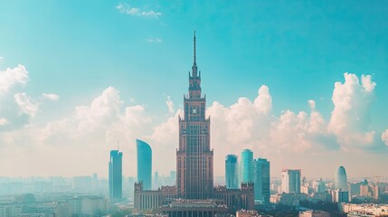 Fototapeta premium A daytime shot of the Palace of Culture and Science in Warsaw, highlighting its towering presence in the city skyline.