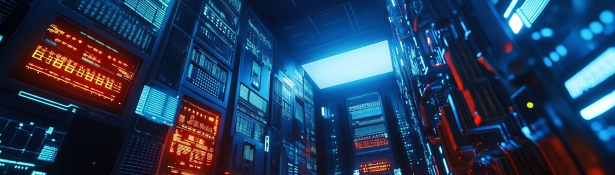Malware infiltrating a system, glitching screens and encrypted data breaches, top view of a compromised server room, symbolizing cyber sabotage, futuristic tone, vivid
