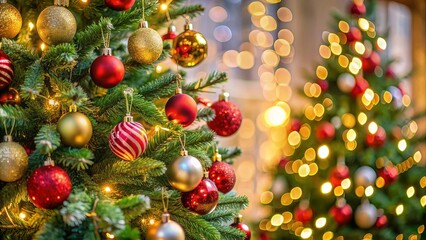 Close-up of a festive decorated Christmas tree , holiday, celebration, traditional, ornaments, decoration, seasonal, pine, branches