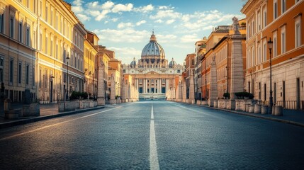 Naklejka premium A deserted road in a city with classical architecture, where historic buildings stand tall against the sky.