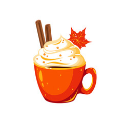 Autumn cocoa with whipped cream, latte, coffee with pumpkin spices, hot chocolate. Autumn hot drink. Vector illustration.
