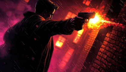 Hard-boiled comic book detective in a trench coat, battling a foe in a dimly lit alley, with a moody noir city backdrop