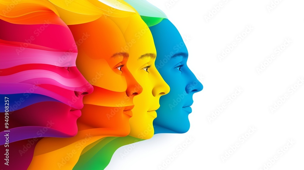 Poster a colorful line of faces with a white background. the faces are of different colors and sizes. conce