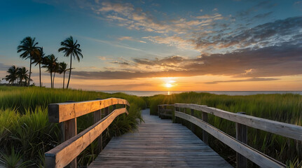 Fototapeta premium Wooden Bridge Leading to a Sunset Over the Ocean