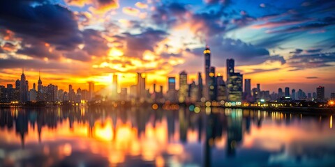 Fototapeta premium A beautiful blurred cityscape background at sunset , city, urban, skyline, buildings, architecture, dusk, evening, lights
