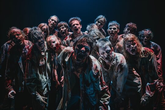 Scary undead zombie horde on black background. Halloween and horror concept.	