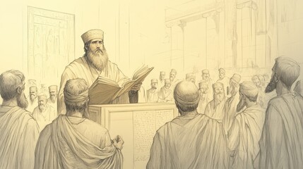 Officials and Levites Read the Law of the Lord in 2 Chronicles, People of Judah Listen Attentively, Biblical Illustration for Faith-Based Reflection, Beige Background