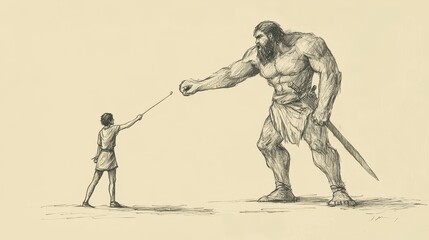 David Faces Goliath in 1 Samuel, Standing Courageously with Sling in Hand, A Defining Moment of Biblical Faith, Biblical Illustration for Faith-Based Reflection, Beige Background