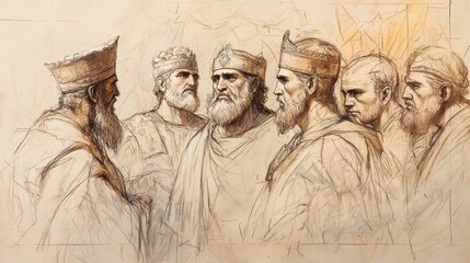 Fototapeta premium King Jehoshaphat Receives News of Moab and Ammon’s Approaching Armies in 2 Chronicles, Advisors Gather in Concern, Biblical Illustration for Faith-Based Reflection, Beige Background