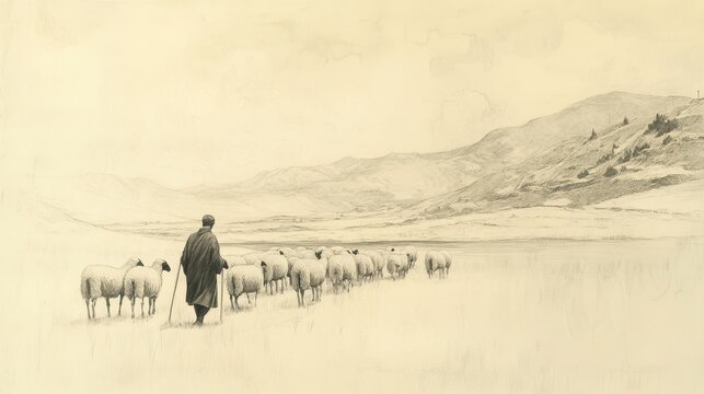 Psalm 23 Illustration: A Shepherd Leads His Flock by Still Waters and Green Pastures, A Picture of Divine Care and Provision, Biblical Illustration for Faith-Based Reflection, Beige Background