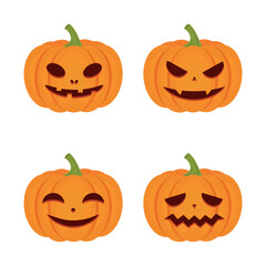 Simple Halloween pumpkin jack o lanterns. Scary Halloween pumpkin with smile, happy and sad face. Set of orange pumpkins on white background with carved smiles. Pumpkin for your Halloween design.