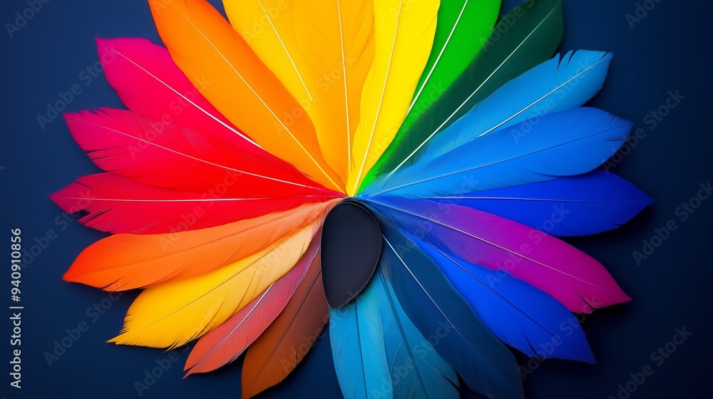 Poster a colorful feather arrangement with a black center. the feathers are arranged in a rainbow pattern, 