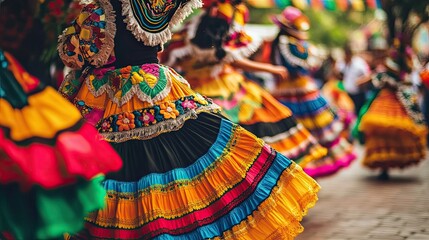Obraz premium A festive atmosphere with women spinning in their colorful skirts during a traditional Mexican dance.