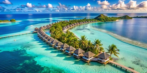 Fototapeta premium Aerial view of tropical beach resort with overwater bungalows, tropical, beach, resort, overwater bungalows