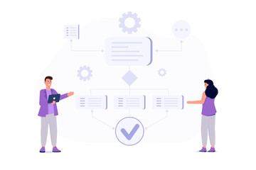 Work flow process, scheme document tiny person concept, efficiency optimization. Vector illustration.