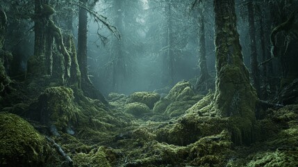 Verdant moss accents a backdrop ideal for showcasing products, set against a backdrop of a dense, dark forest.