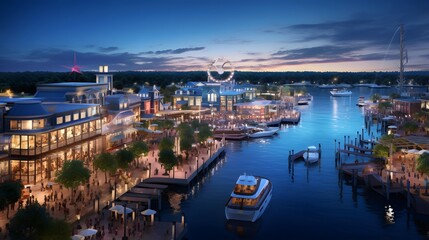 Aerial panorama of a small harbor in the city at night.